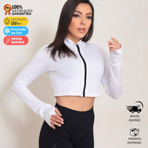 Blusa Cropped Academia Crossfit Tecido Tecnológico Proteção Solar Top Musculaçao com Ziper dedeira