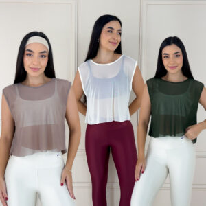 Blusa Feminina de Tule Transparente Cropped top com Manga Roupa de academia Moda fitness
